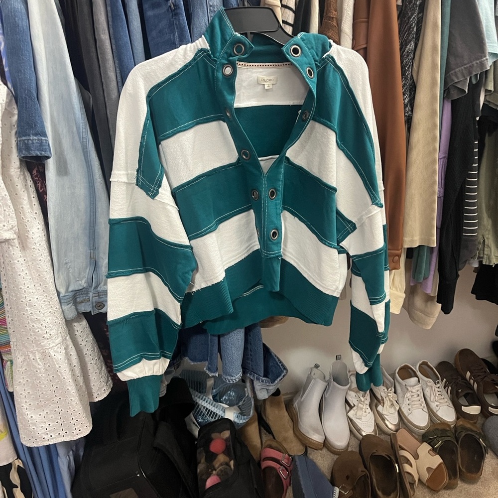Striped Button-Neck Pullover Top - Teal & White